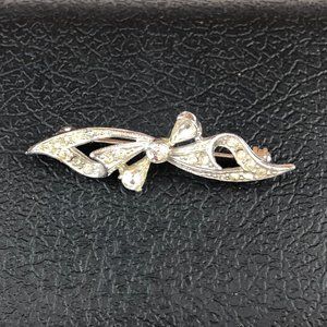 Vintage Silver Tone Faux Diamond Bow Brooch Glamcore Sparkly Old Money Quiet Lux